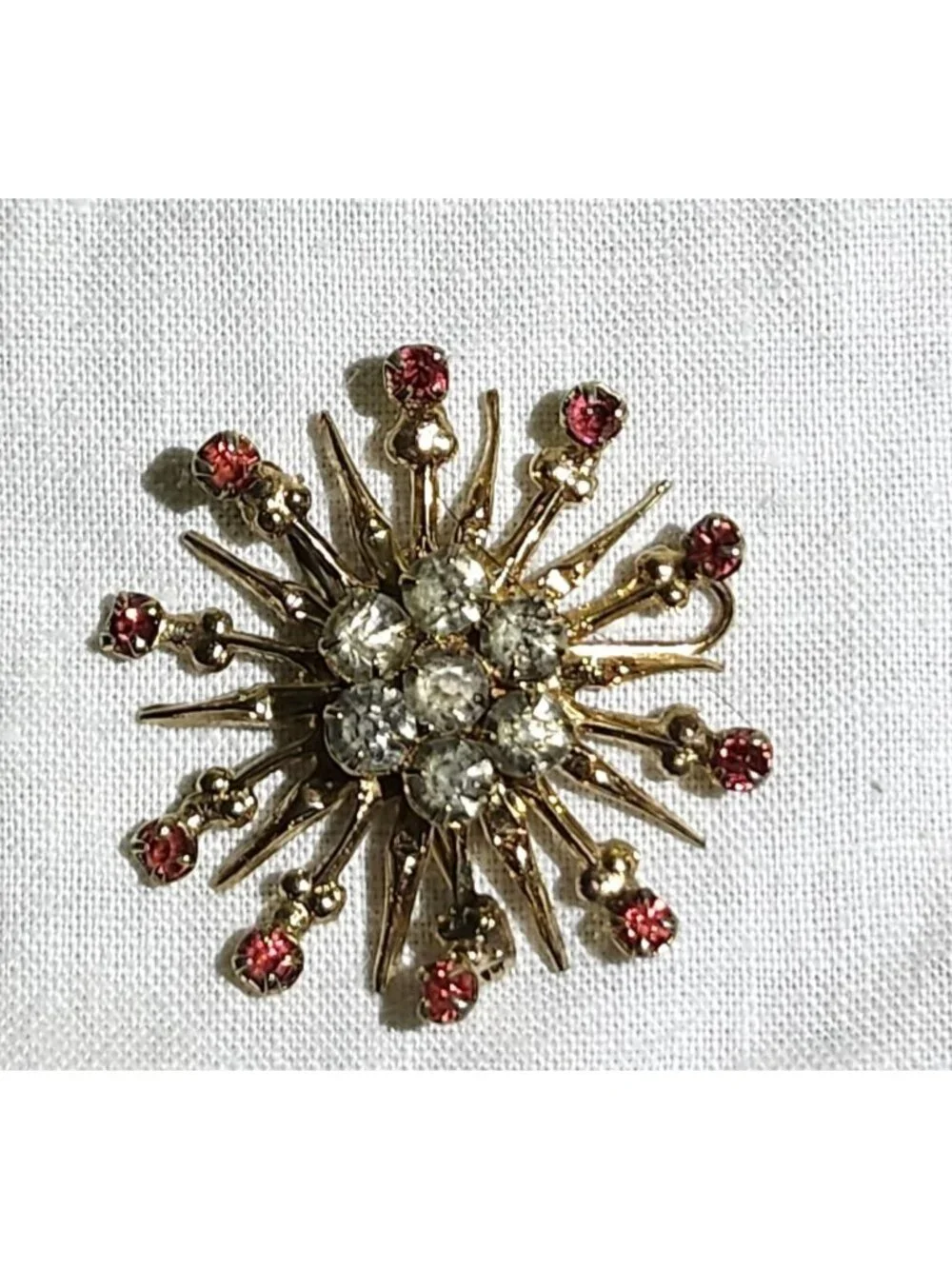 Vintage Gold Tone Asteroid Brooch Pink & Clear Rhinestones Mid-Century Starburst